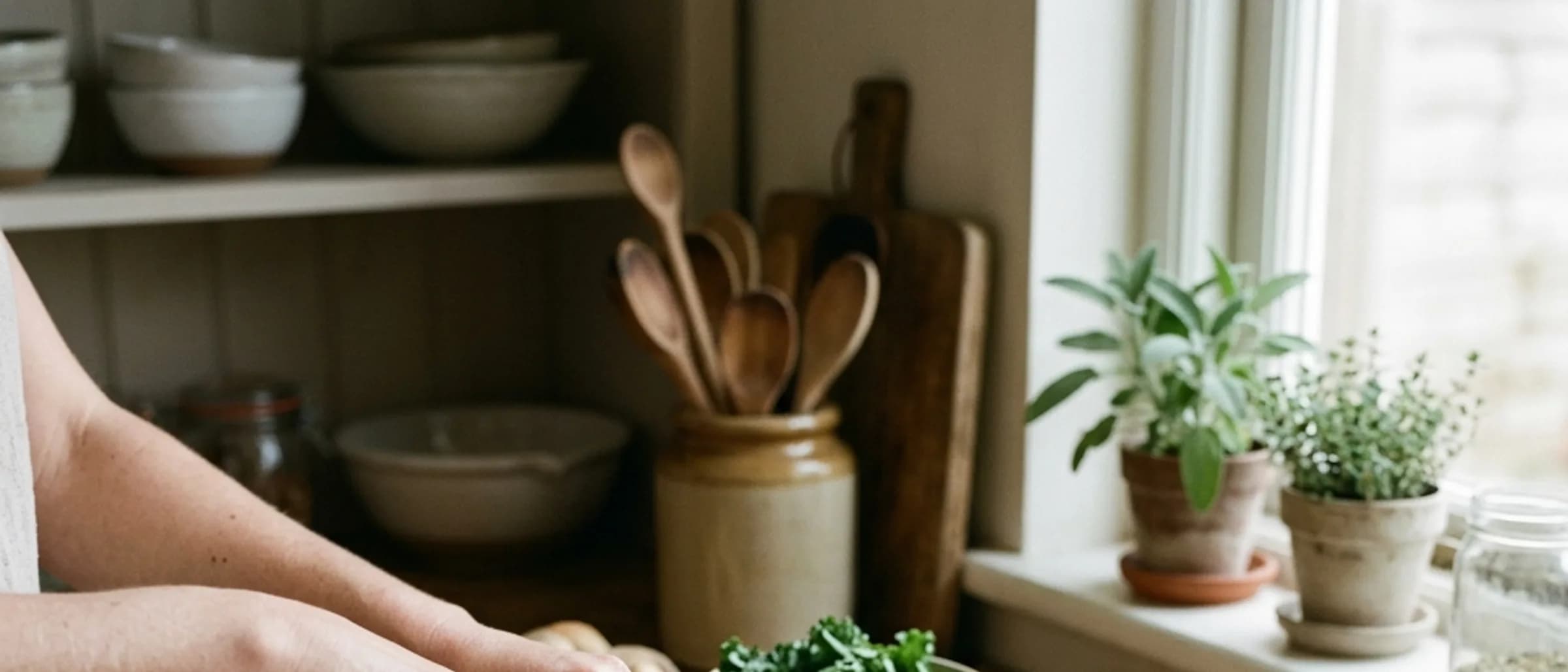 A wide sunlit kitchen worktop mid-preparation with a board of colourful sliced vegetables, a bowl and a glass of water.